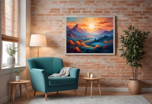 a room with plants, an armchair and a framed painting of a mountain landscape at sunset