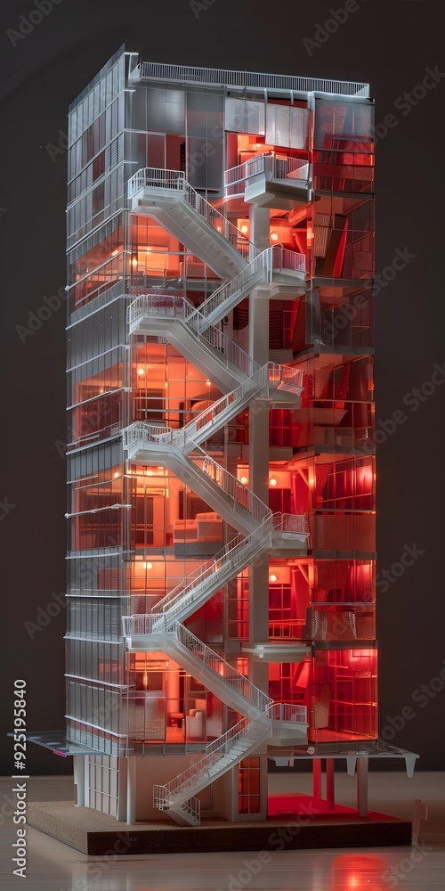 Poster modern architecture building model with red lighting