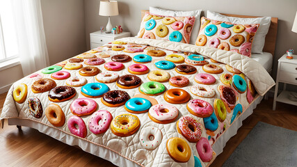 
illustration of a bedroom interior with a large comfortable bed decorated with donuts.