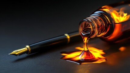 An ink bottle spilling liquid fire with a pen nearby, Closeup, High contrast, Dark background, Photography