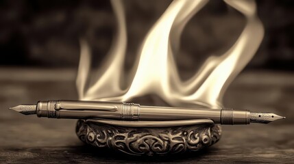 Naklejka premium A classic pen in a holder with fire swirling around, Vintage, Sepia tones, Realistic flames, Photography