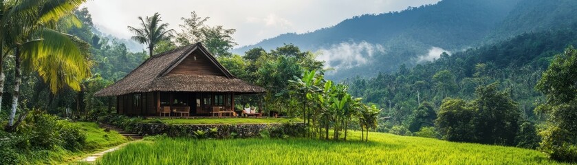 Scenic view of a traditional wooden house surrounded by lush green forest and mountains under a cloudy sky, perfect for nature lovers.