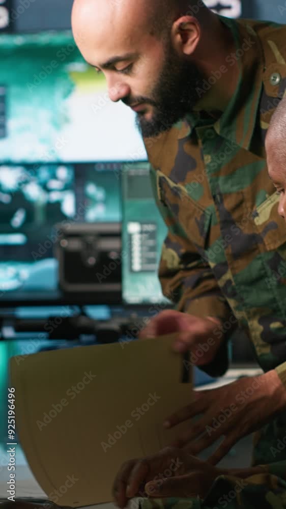 Poster vertical video team of military officers in command center look at intel folder files on enemy battl