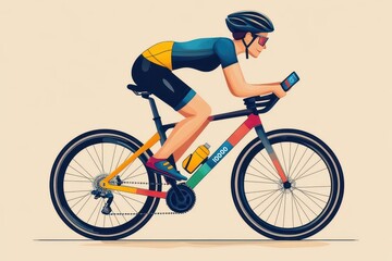 Obraz premium Active Lifestyle Vector Illustration of Hand-Drawn Cyclist with Colorful Fitness Band for Health Monitoring and Wearable Tech Concept