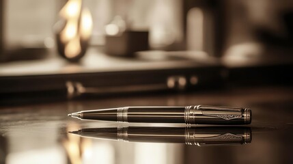 Fototapeta premium A fiery pen on a vintage desk, with flames subtly reflecting on a glass surface, Retro, Sepia tones, Photography