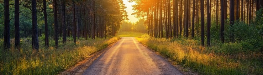 Obraz premium Serene forest road at sunset with tall trees and warm light, ideal for nature, adventure, and travel themes.