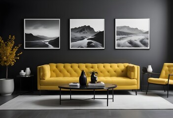 A modern living room with a yellow tufted sofa, a black coffee table, and three black and white landscape photographs on the wall.