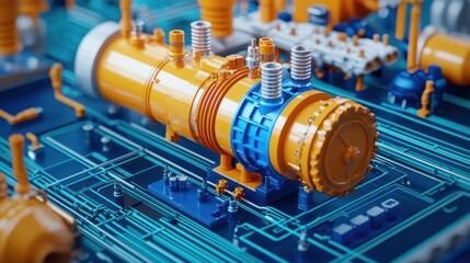 Obraz premium Industrial machine with mechanical flow diagram, engineering analysis, 3D illustration