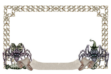 Horizontal beige frame with empty silk banner and dark spiders. Watercolor illustration of rolled paper tape isolated on white. Vintage folded paper template for Halloween, label, sign, certificate