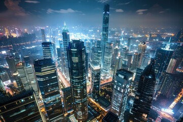 a view of a city at night from the top of a skyscraper