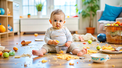 Fototapeta premium Messy baby surrounded by food