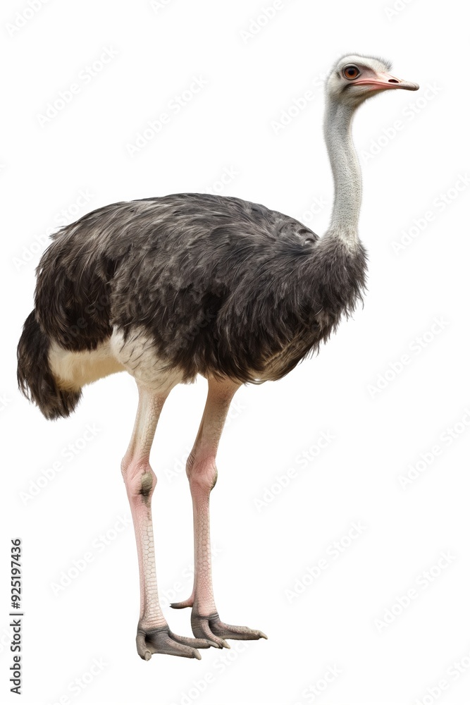Poster a large ostrich stands on a white background. the bird is the main focus of the image, and its size 