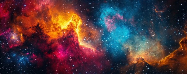 Fototapeta premium Stunning image of a colorful nebula with vibrant hues of red, orange, and blue, showcasing the beauty and mystery of outer space.