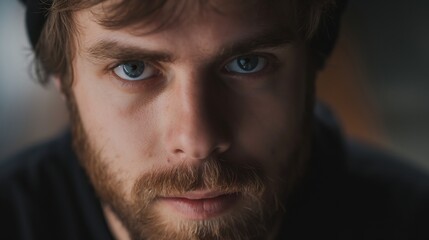 Obraz premium An intense close-up portrait of a young man with focused eyes, captured in natural light, highlighting his determination and inner strength.