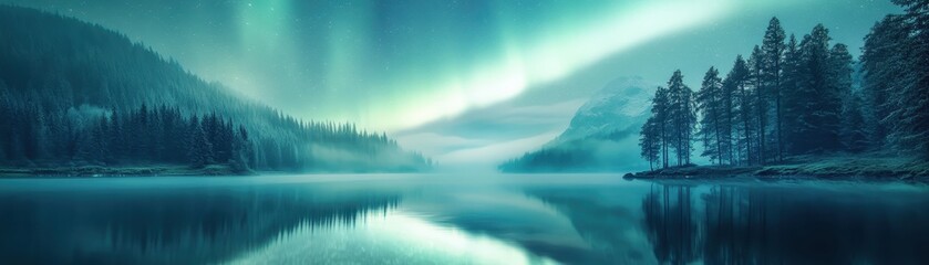 Fototapeta premium Stunning Northern Lights over a tranquil lake, surrounded by mountains and forest, creating a mesmerizing and serene night landscape.