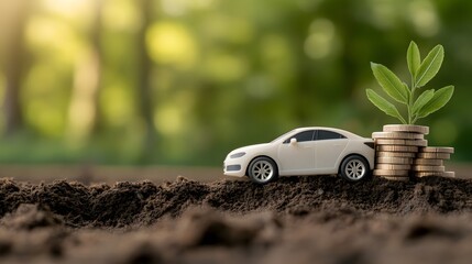 A toy car symbolizes green investment, surrounded by coins and a growing plant, showcasing sustainability in finance.