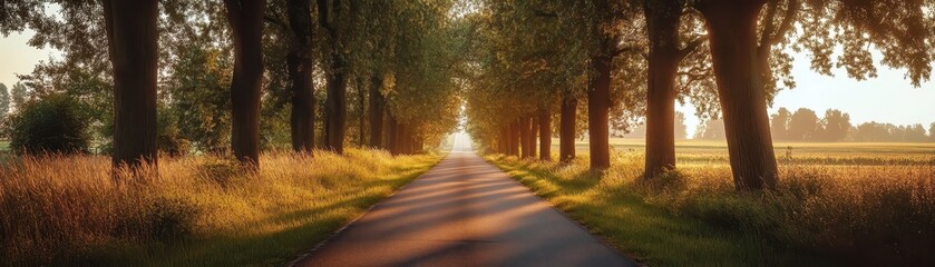 Obraz premium Sunlit tree-lined pathway stretching into the distance under a beautiful golden light. Peaceful and scenic nature imagery capturing natural beauty.