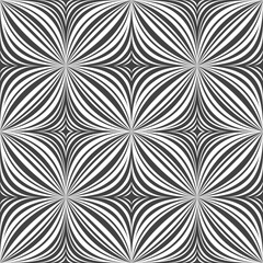 Arced lines form a petal in a square creating a seamless meditative black and white pattern. Vector.