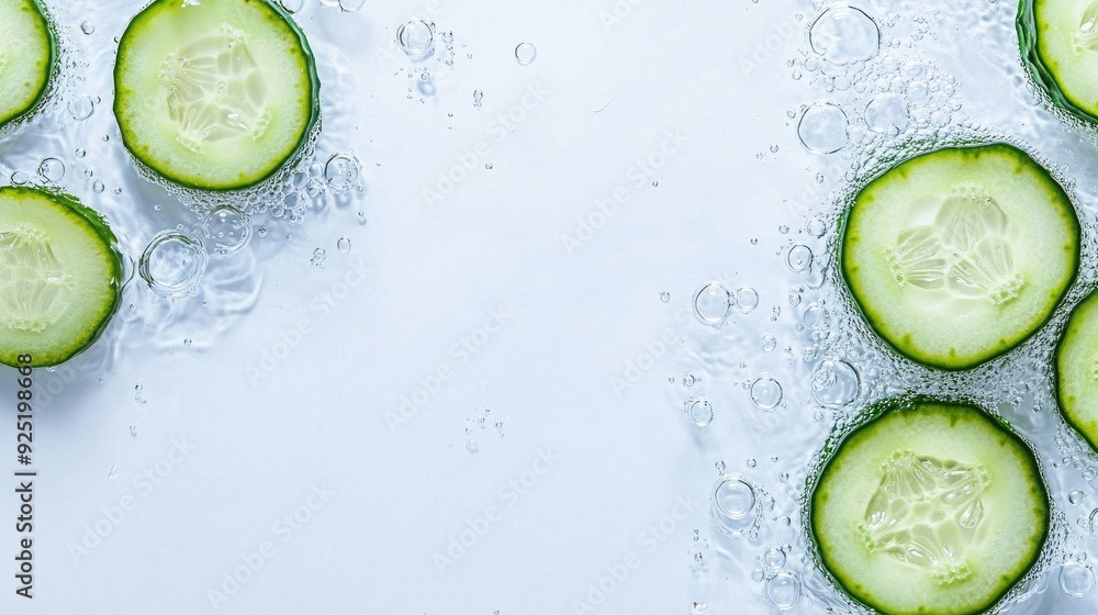 Aufkleber fresh cucumber slices floating in sparkling water on a bright white backdrop, capturing vivid textur
