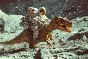 t-rex dinosaur on the moon with a person