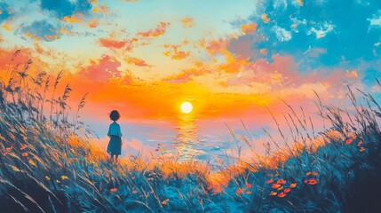 Obraz premium Fantasy Anime Postcard: Sunset Peaceful Bliss, Colorful Illustration of Tranquil Fantasy Setting