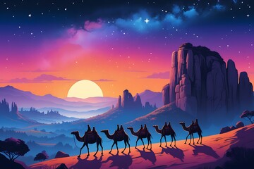 Naklejka premium Mesmerizing Night-Time Landscape with Silhouetted Camels and Riders Against a Brilliant Starry Sky in Enchanting Digital Illustration
