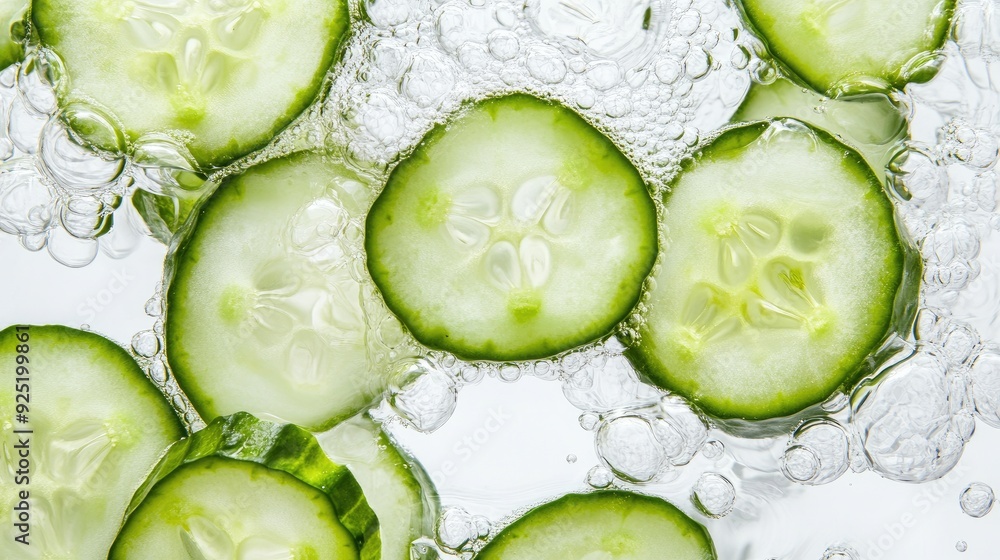 Aufkleber fresh cucumber slices floating in sparkling water on a bright white backdrop, capturing vivid textur