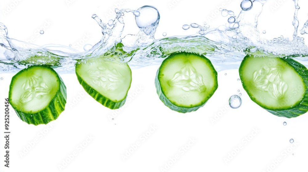 Aufkleber fresh cucumber slices floating in sparkling water on a bright white backdrop, capturing vivid textur