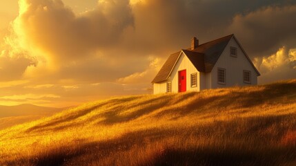 A cozy home with a red door, situated on a grassy hillside, bathed in golden sunset light