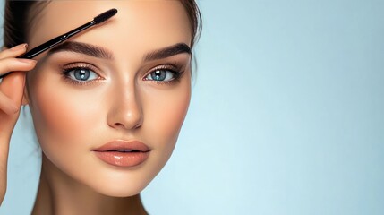 Young woman with blue eyes uses eyebrow brush on blue background.