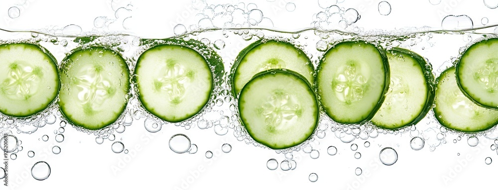 Aufkleber fresh cucumber slices floating in sparkling water on a bright white backdrop, capturing vivid textur