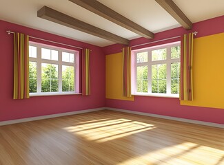 Empty Room with Wooden Beams and Windows