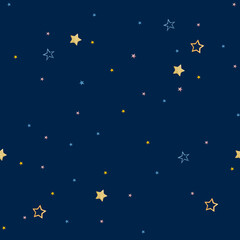 Cute little stars, seamless pattern. Little cute stars, yellow, pink and blue. Watercolor illustration in digital style. Baby clipart, pattern isolated on white background.