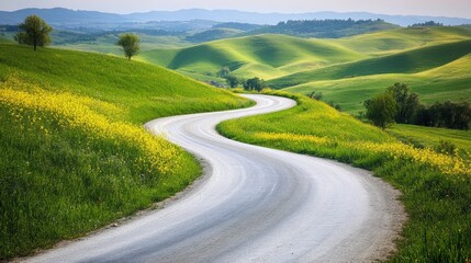 A curving country road surrounded by vibrant green grass and clusters of yellow flowers, with distant rolling hills