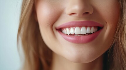 Obraz premium Close-up of a woman's smile with pink lips and white teeth.