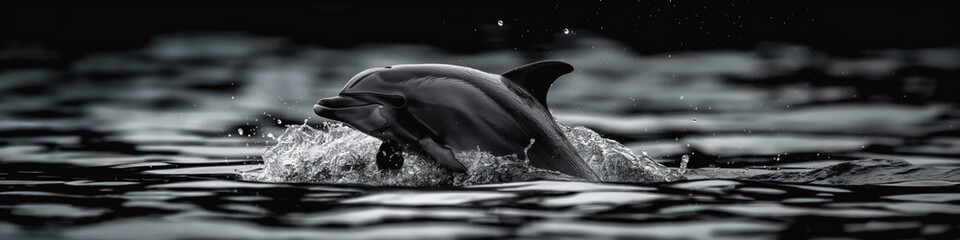 Obraz premium A dolphin is swimming in the ocean. The water is dark and the dolphin is the only thing visible