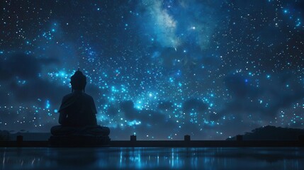 A silhouette of a meditating Buddha statue against a backdrop of a starry night sky