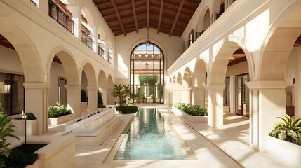 Luxury Hotel Lobby Interior Design With Archways And Pool