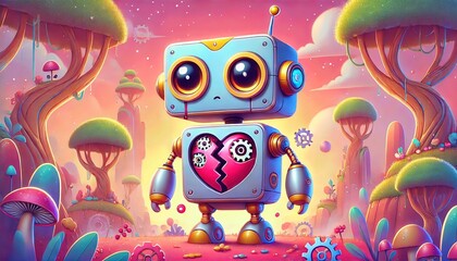 Obraz premium Sad robot with broken heart in fantasy landscape