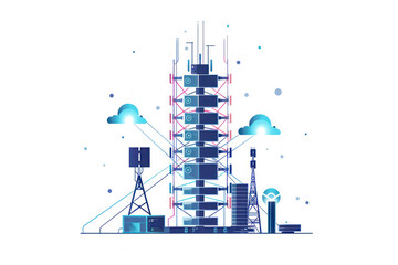 Obraz premium High-Resolution 2D Illustration of Modern Slim 5G Network Tower with Connectivity Beams Reaching Various Devices on White Background