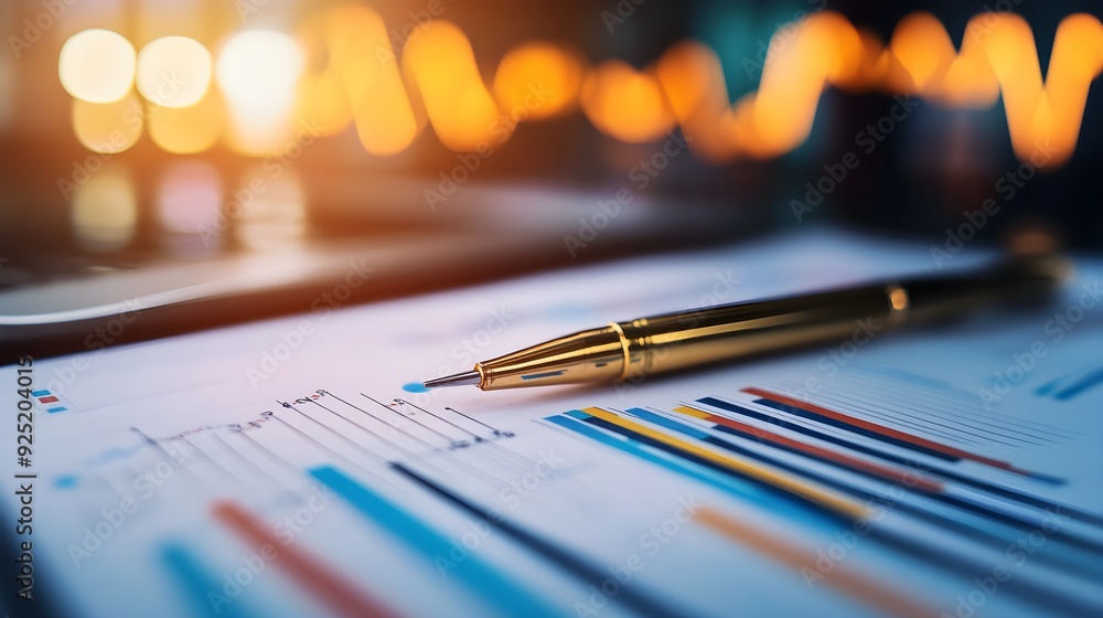 Poster close-up view of a pen resting on a financial report with colorful graphs, symbolizing business anal