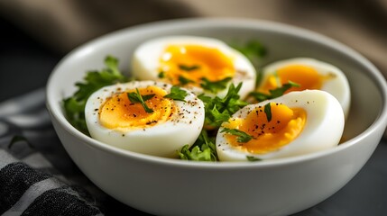 Delicious boiled eggs served on fresh greens, garnished with herbs and spices, perfect for a healthy meal or snack.