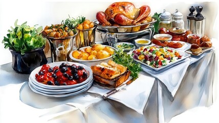 Elegant buffet, lavish display of gourmet dishes in an opulent setting, Watercolor style