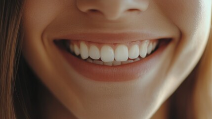 Close-up of a woman's smiling mouth revealing white teeth and pink lips.