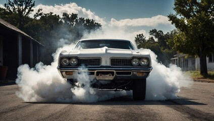 Car exhaust pipe emitting thick smoke, car fire, drifting