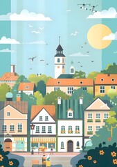 Charming European Town Illustration with  Colorful Buildings and People