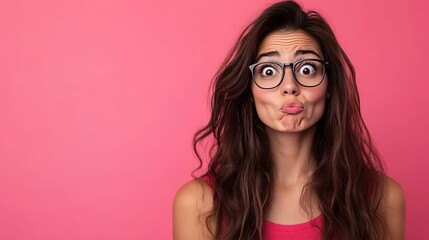 A young woman with long brown hair, wearing glasses, pouting her lips, looking to the side, against a pink background.