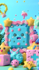 Obraz premium Cute Cartoon Characters and 3D Objects on Blue Background