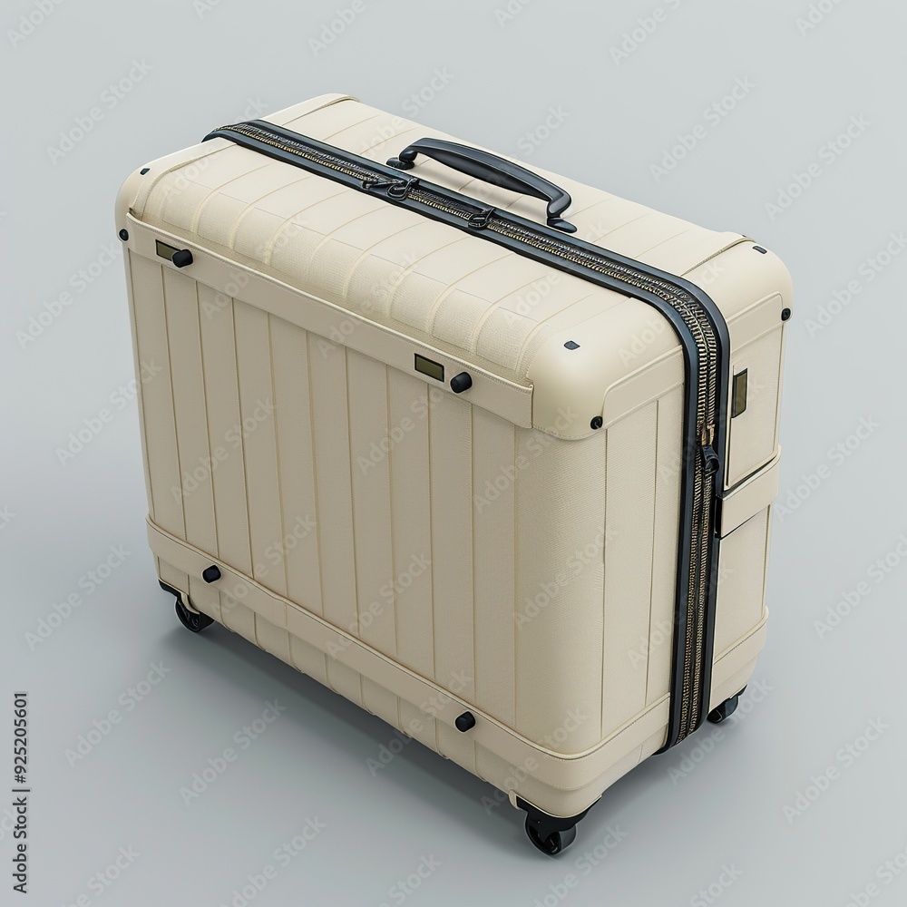 Poster a minimalist 3d render of a travel suitcase icon, showcasing a compact and stylish design with smoot