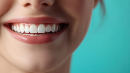 Obraz premium Close-up of a woman's bright, white smile with pink lips against a turquoise background.